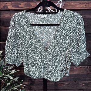 American Eagle Outfitters Green Floral Wrap Top with White Print